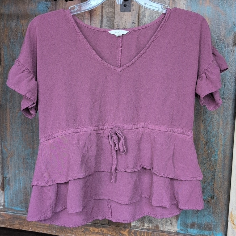 Sim & Sam Mauve Tiered Ruffle Cropped Short Sleeve Shirt Cottage Boho - Medium